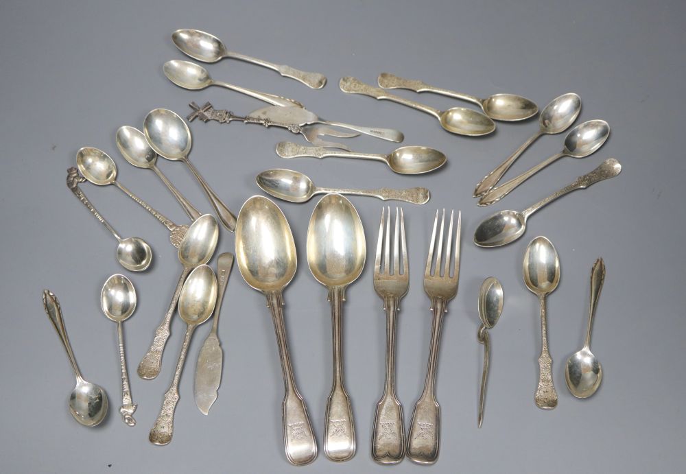 A group of assorted mainly 19th century silver flatware, including a set of six teaspoons by George Adams, London, 1877, 160z.